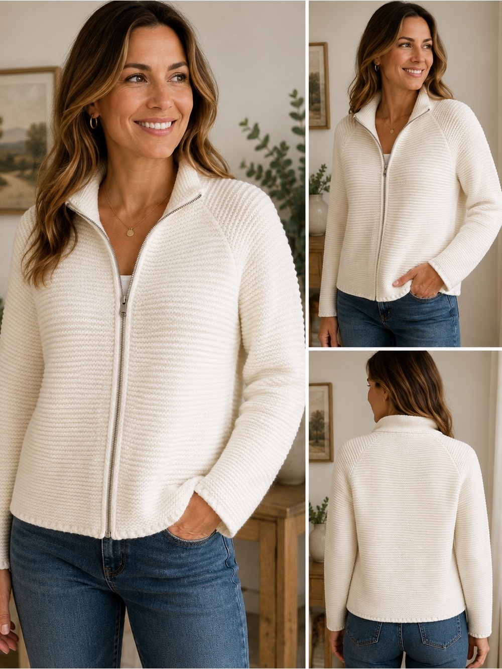 Talbots Textured Knit Zip Front Cardigan Sweater Ivory Cream Mock Neck M